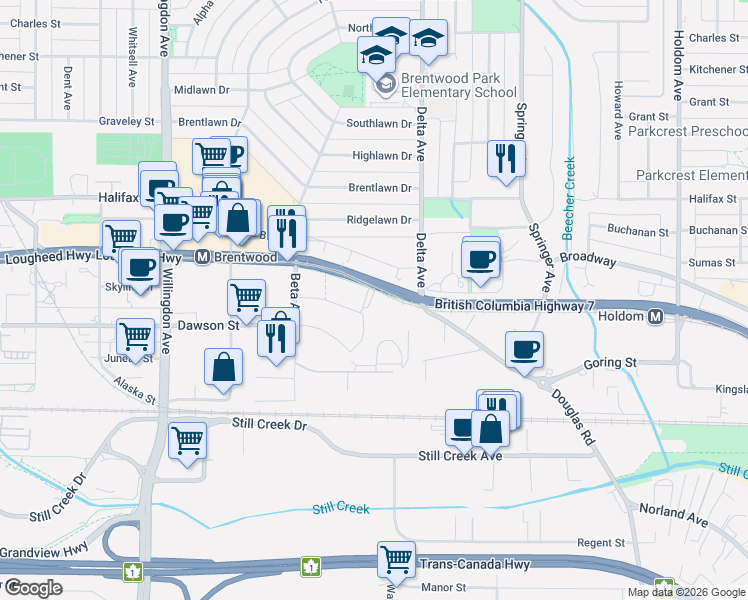 map of restaurants, bars, coffee shops, grocery stores, and more near 4880 Lougheed Highway in Burnaby