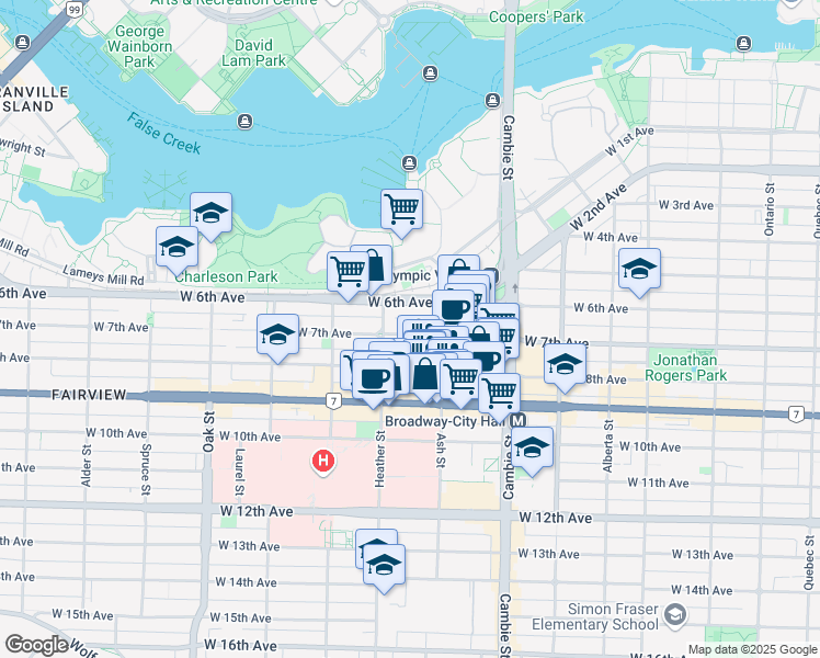 map of restaurants, bars, coffee shops, grocery stores, and more near 201 West 7th Avenue in Vancouver