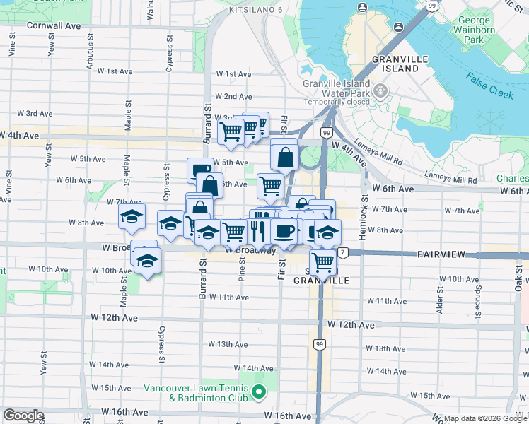 map of restaurants, bars, coffee shops, grocery stores, and more near 1650 West 7th Avenue in Vancouver