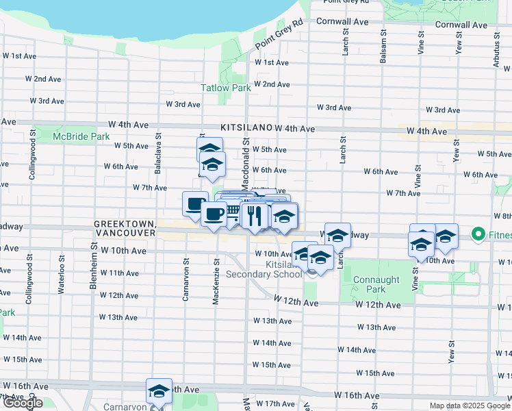 map of restaurants, bars, coffee shops, grocery stores, and more near 2765 West 8th Avenue in Vancouver