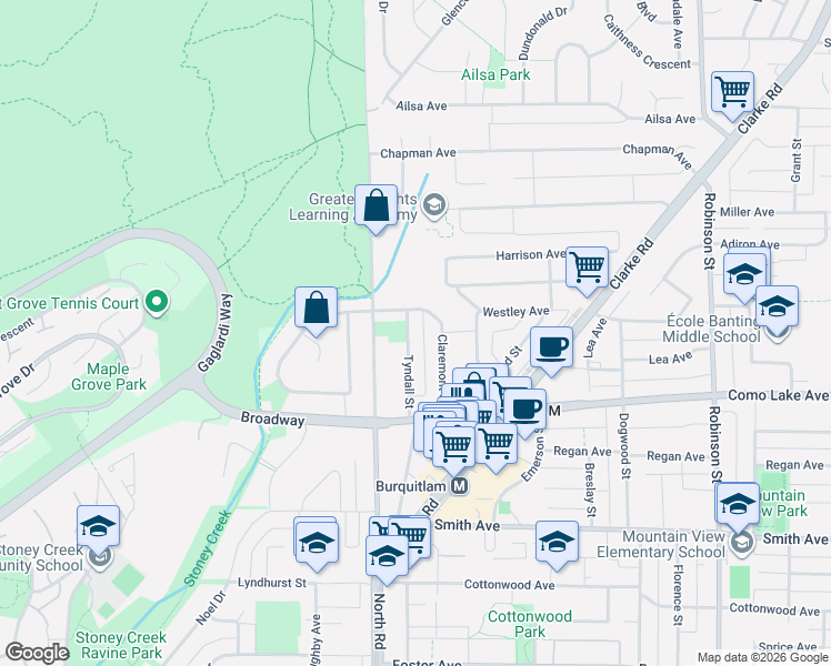 map of restaurants, bars, coffee shops, grocery stores, and more near 636 Tyndall Street in Coquitlam