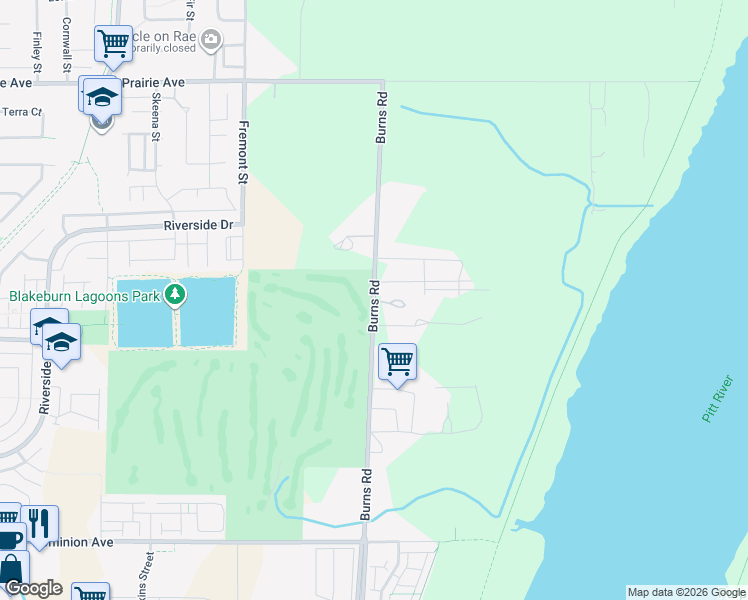 map of restaurants, bars, coffee shops, grocery stores, and more near Burns Road in Port Coquitlam
