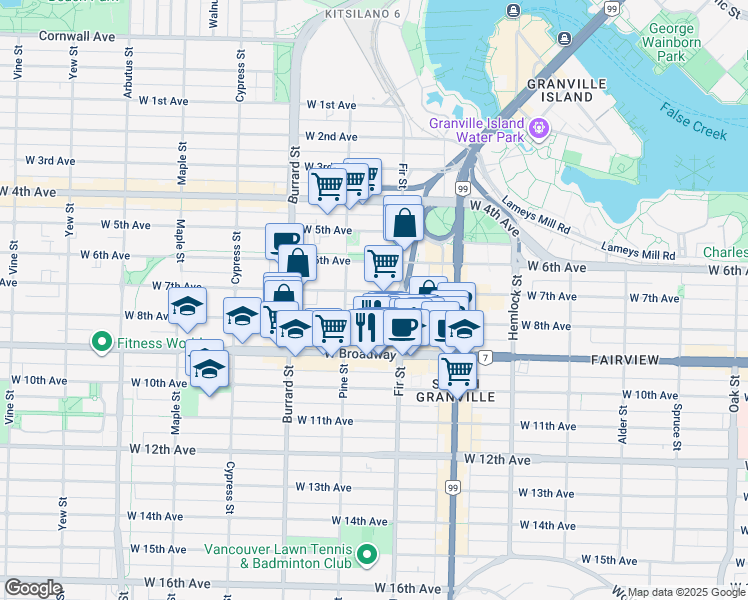 map of restaurants, bars, coffee shops, grocery stores, and more near 1650 West 7th Avenue in Vancouver