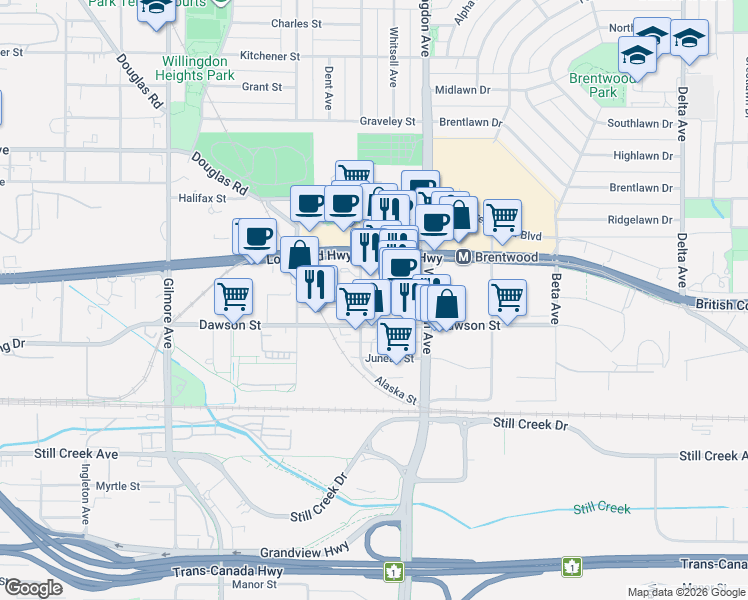 map of restaurants, bars, coffee shops, grocery stores, and more near 2085 Skyline Drive in Burnaby