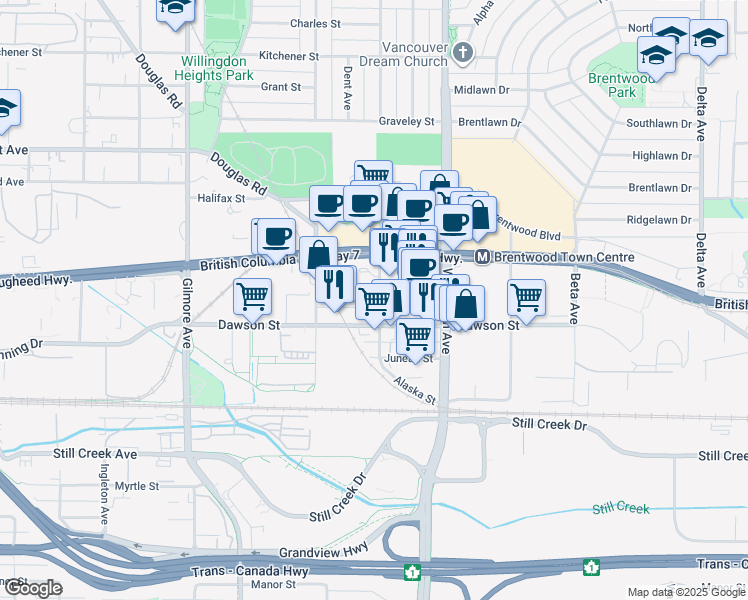 map of restaurants, bars, coffee shops, grocery stores, and more near 2089 Rosser Avenue in Burnaby