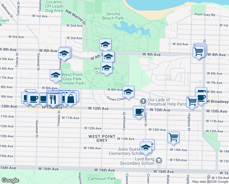 map of restaurants, bars, coffee shops, grocery stores, and more near 4150 West 8th Avenue in Vancouver