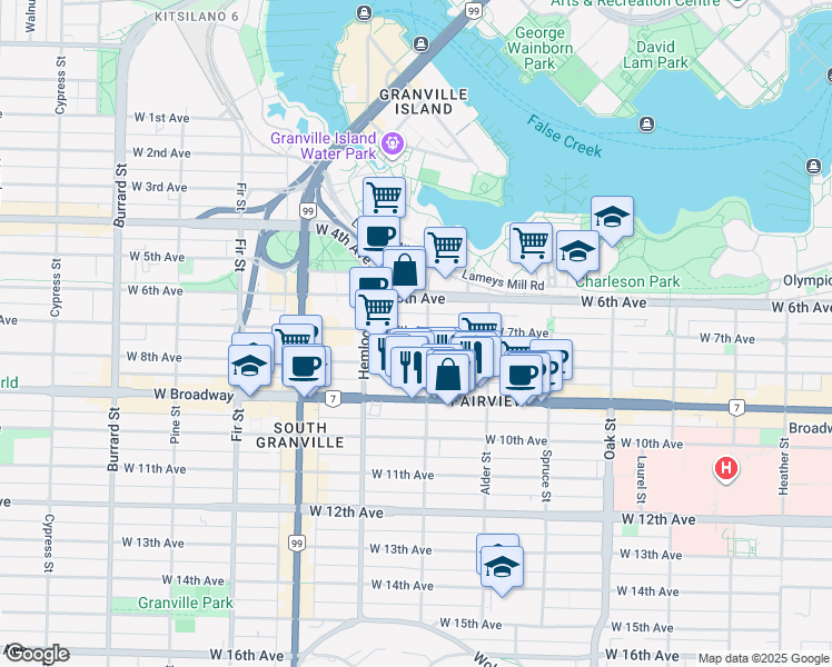 map of restaurants, bars, coffee shops, grocery stores, and more near 1314 West 7th Avenue in Vancouver