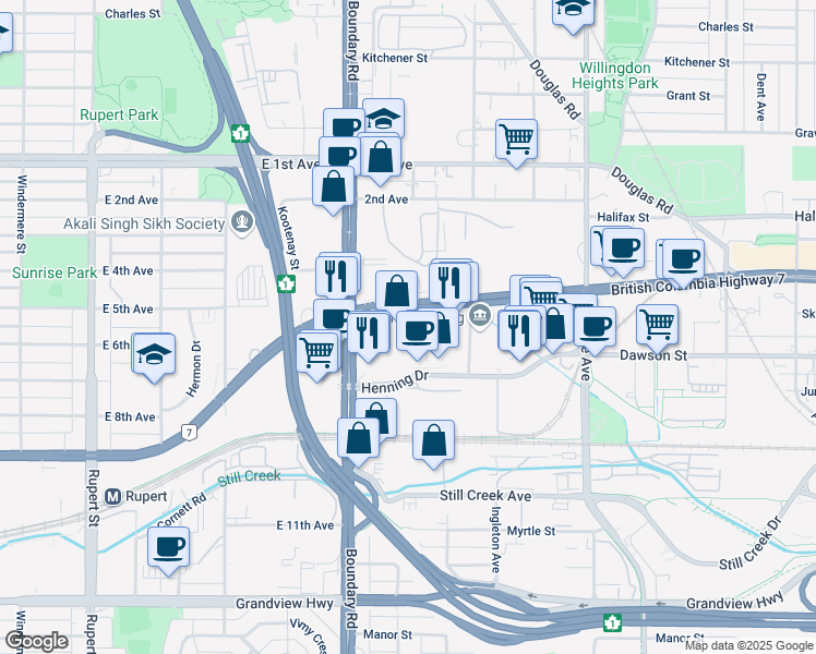 map of restaurants, bars, coffee shops, grocery stores, and more near 115-3855 Henning Drive in Burnaby