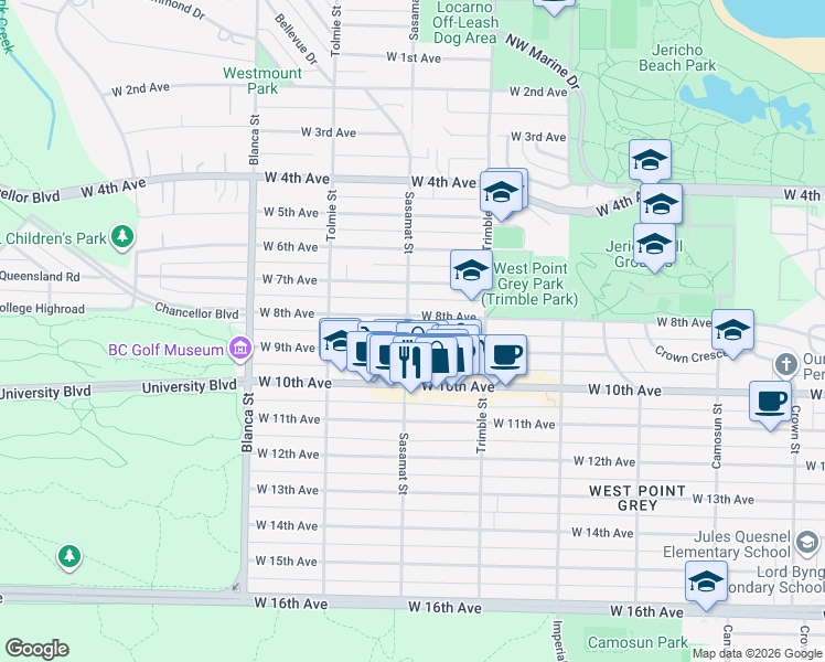 map of restaurants, bars, coffee shops, grocery stores, and more near 2420 Sasamat Street in Vancouver