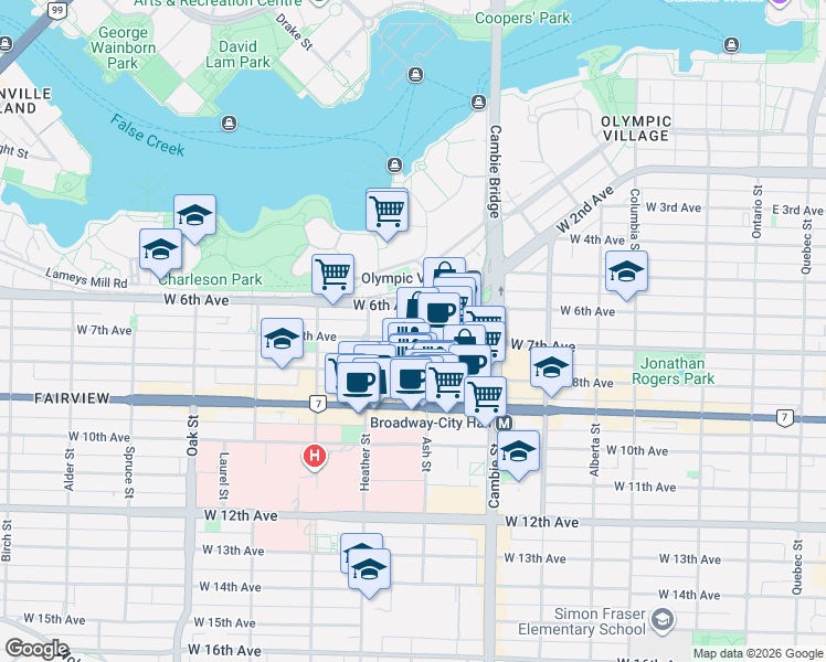 map of restaurants, bars, coffee shops, grocery stores, and more near 643 West 7th Avenue in Vancouver