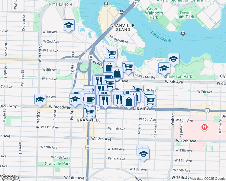map of restaurants, bars, coffee shops, grocery stores, and more near 1354 West 7th Avenue in Vancouver