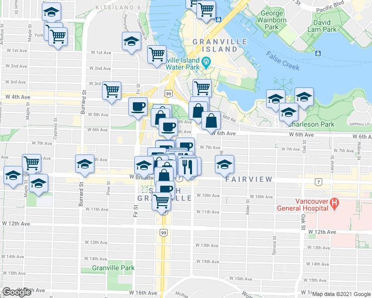 map of restaurants, bars, coffee shops, grocery stores, and more near 3150 West 4th Avenue in Vancouver