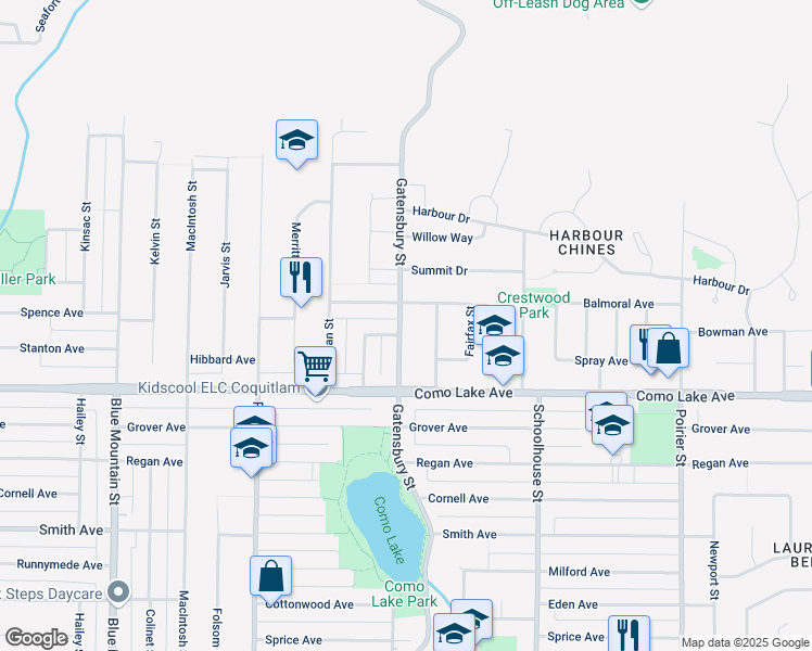 map of restaurants, bars, coffee shops, grocery stores, and more near 833 Gatensbury Street in Coquitlam