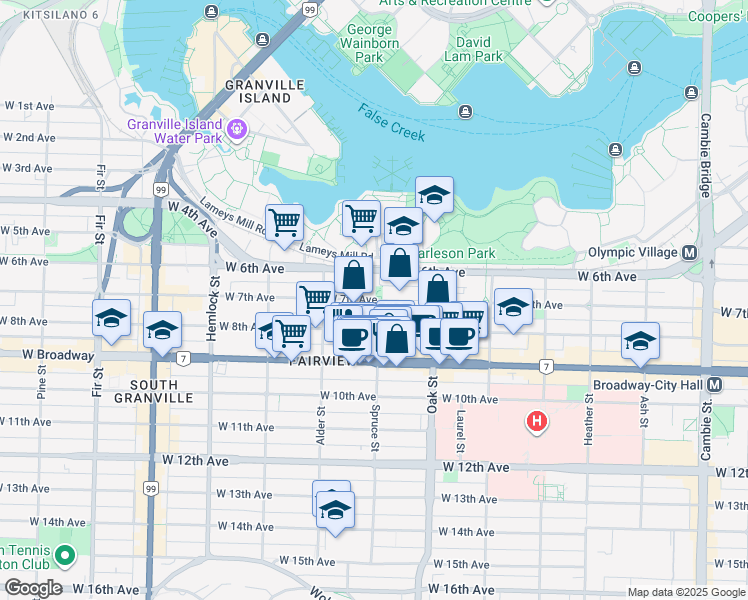 map of restaurants, bars, coffee shops, grocery stores, and more near 1102 West 7th Avenue in Vancouver