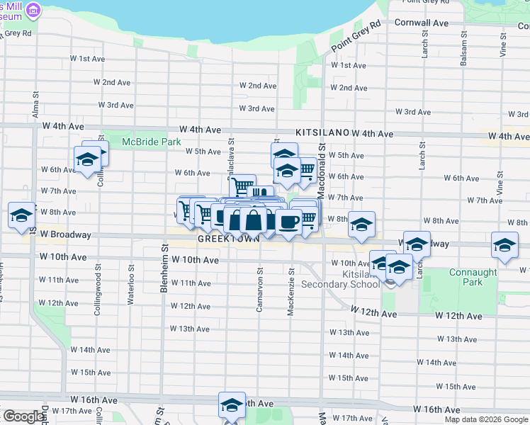 map of restaurants, bars, coffee shops, grocery stores, and more near 2975 West 8th Avenue in Vancouver