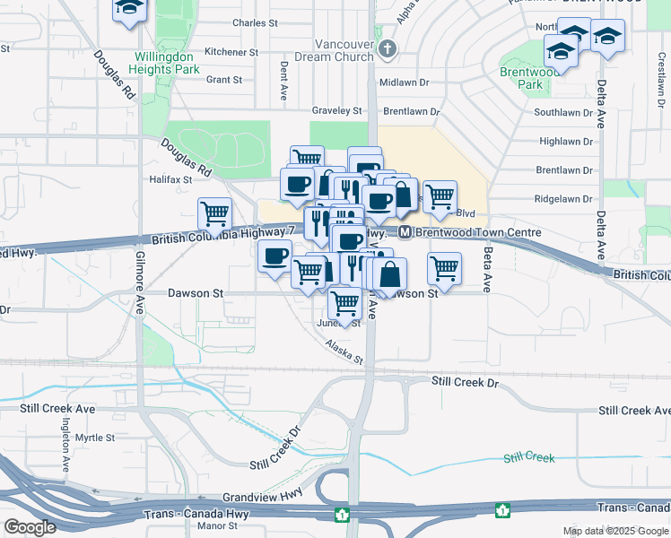 map of restaurants, bars, coffee shops, grocery stores, and more near 2085 Skyline Drive in Burnaby