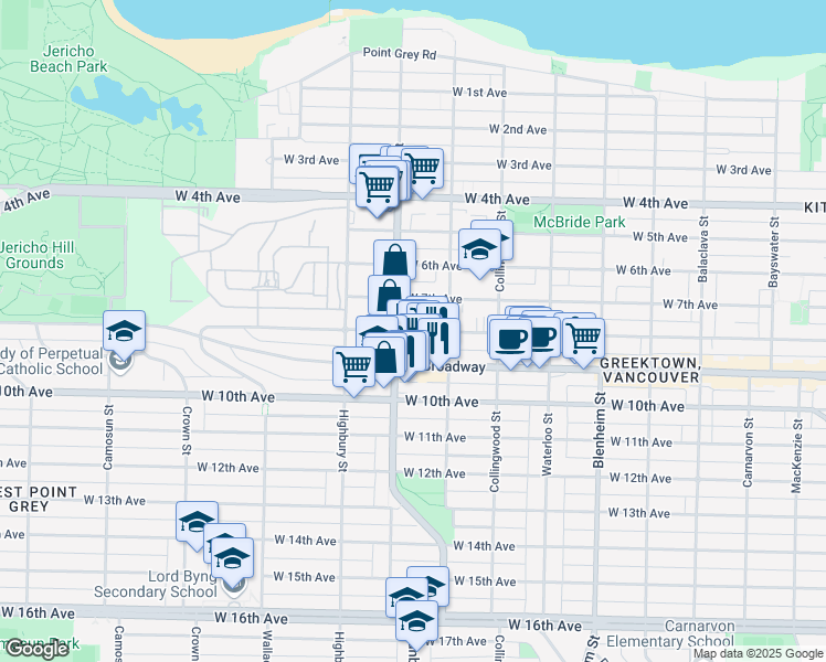 map of restaurants, bars, coffee shops, grocery stores, and more near 3658 West 8th Avenue in Vancouver