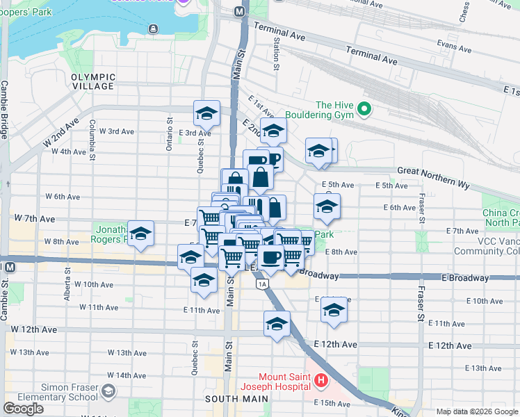 map of restaurants, bars, coffee shops, grocery stores, and more near 280 East 6th Avenue in Vancouver