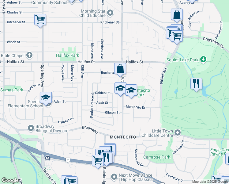 map of restaurants, bars, coffee shops, grocery stores, and more near 7181 Golden Street in Burnaby
