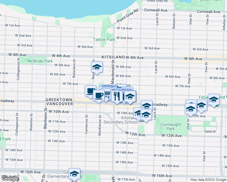 map of restaurants, bars, coffee shops, grocery stores, and more near 2388 Macdonald Street in Vancouver