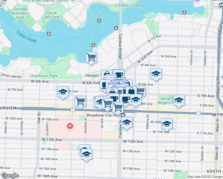 map of restaurants, bars, coffee shops, grocery stores, and more near 511 West 7th Avenue in Vancouver