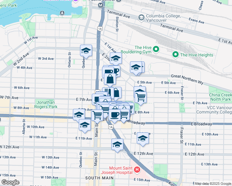 map of restaurants, bars, coffee shops, grocery stores, and more near 318 East 6th Avenue in Vancouver