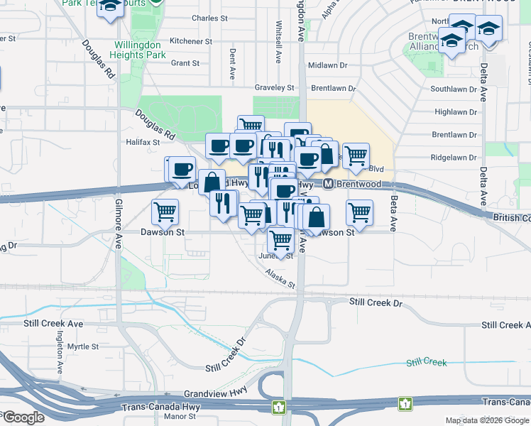 map of restaurants, bars, coffee shops, grocery stores, and more near Skyline Court in Burnaby