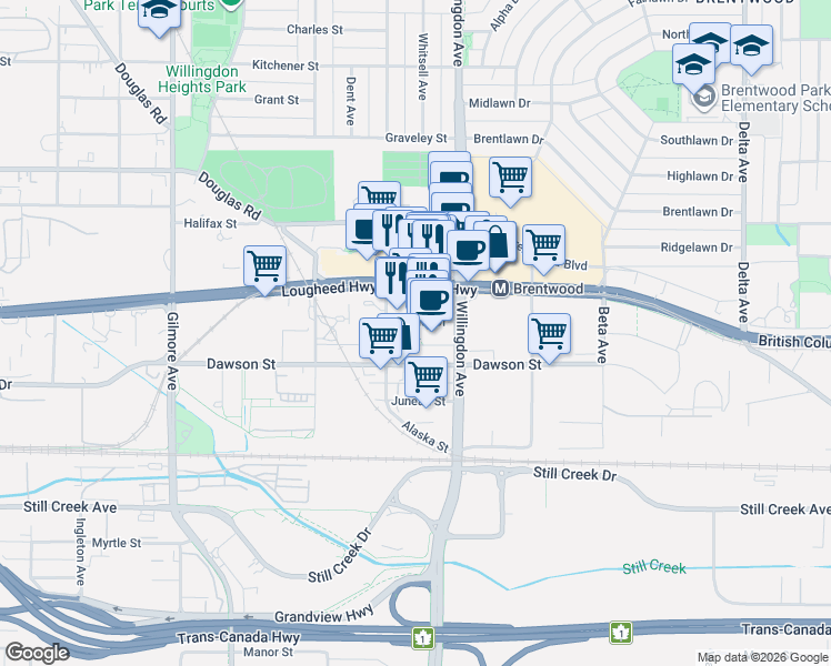 map of restaurants, bars, coffee shops, grocery stores, and more near 2085 Skyline Drive in Burnaby
