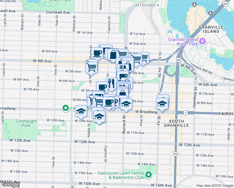 map of restaurants, bars, coffee shops, grocery stores, and more near 1844 West 7th Avenue in Vancouver