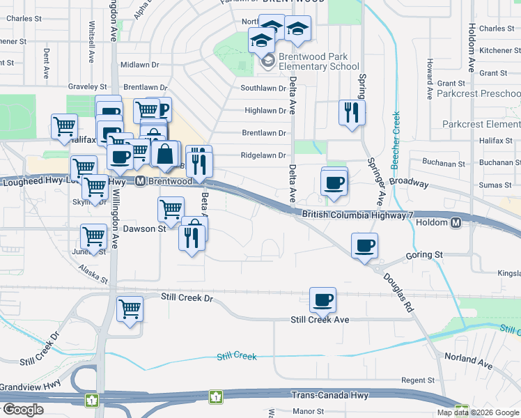map of restaurants, bars, coffee shops, grocery stores, and more near 4880 Lougheed Highway in Burnaby