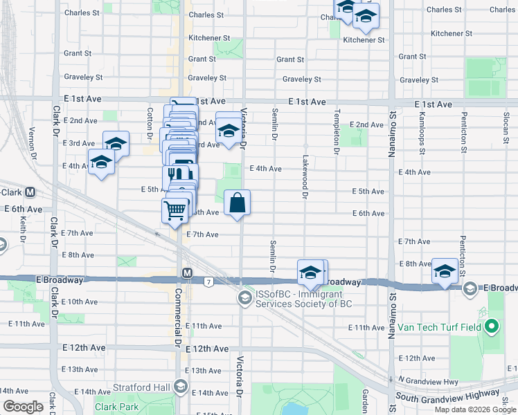 map of restaurants, bars, coffee shops, grocery stores, and more near 1943 East 6th Avenue in Vancouver
