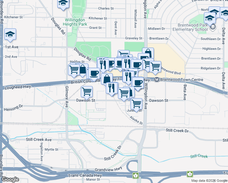 map of restaurants, bars, coffee shops, grocery stores, and more near 2138 Madison Avenue in Burnaby