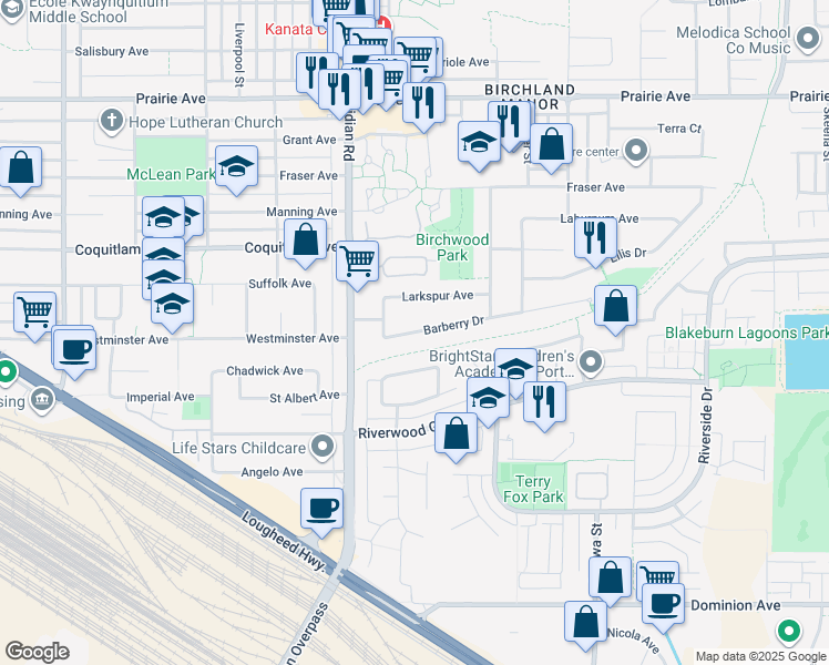 map of restaurants, bars, coffee shops, grocery stores, and more near 1396 Barberry Drive in Port Coquitlam