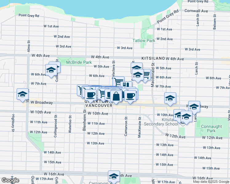 map of restaurants, bars, coffee shops, grocery stores, and more near 2340 Balaclava Street in Vancouver