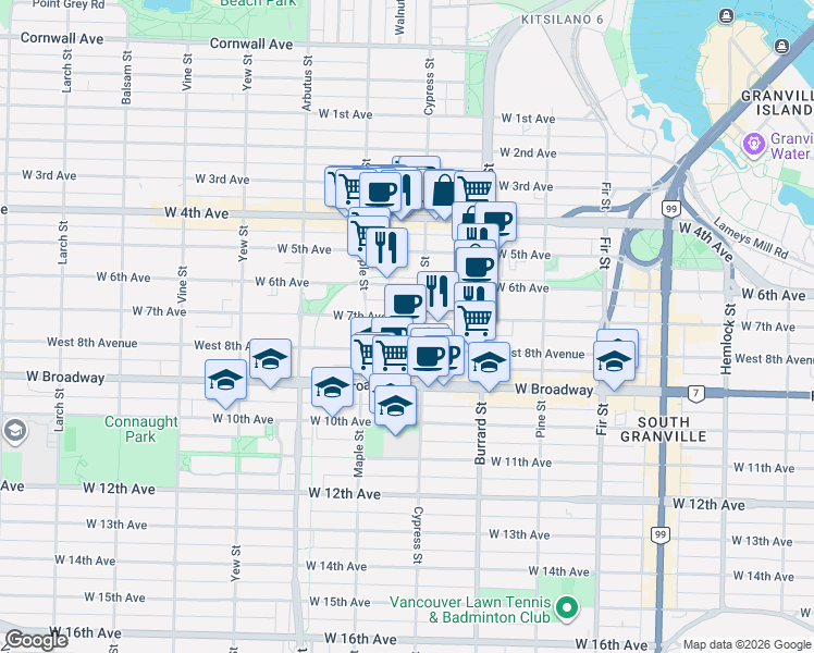 map of restaurants, bars, coffee shops, grocery stores, and more near 1922 West 7th Avenue in Vancouver