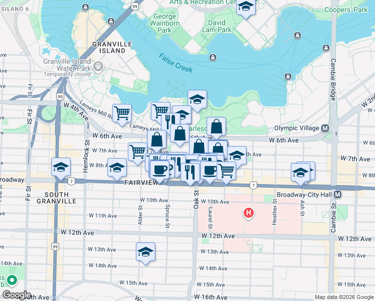 map of restaurants, bars, coffee shops, grocery stores, and more near 1035 West 7th Avenue in Vancouver
