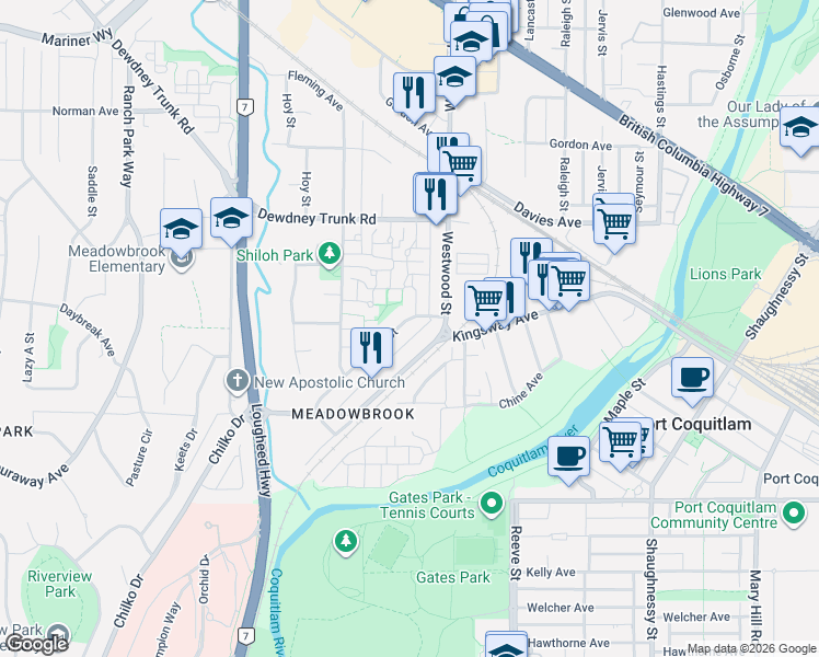 map of restaurants, bars, coffee shops, grocery stores, and more near 861 Greene Street in Coquitlam