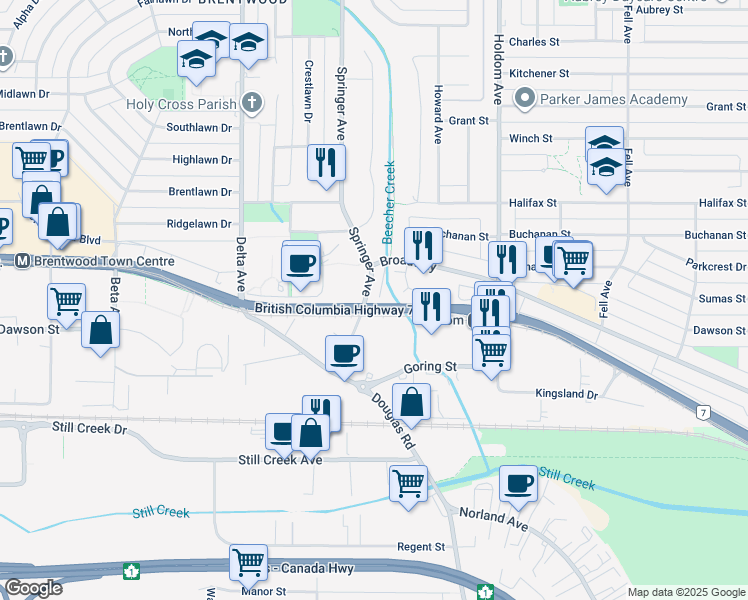 map of restaurants, bars, coffee shops, grocery stores, and more near 2078 Springer Avenue in Burnaby