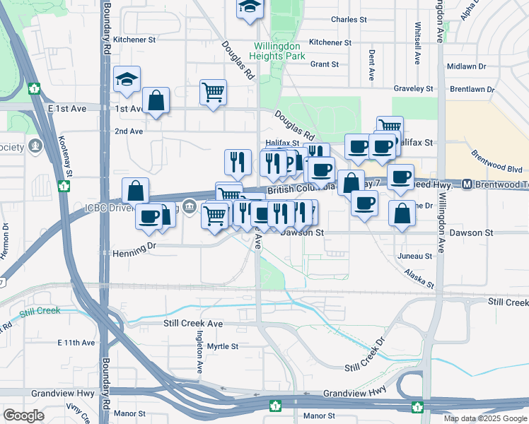 map of restaurants, bars, coffee shops, grocery stores, and more near 2186 Gilmore Avenue in Burnaby