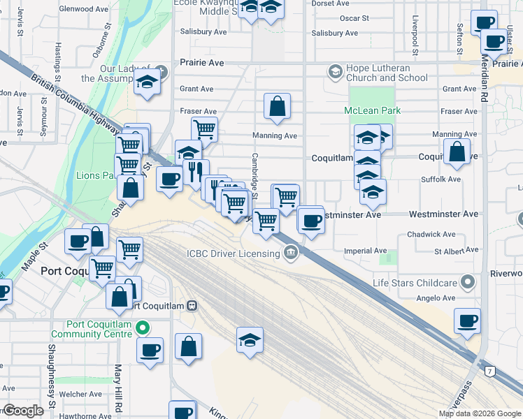 map of restaurants, bars, coffee shops, grocery stores, and more near 2016 Suffolk Avenue in Port Coquitlam
