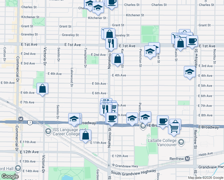 map of restaurants, bars, coffee shops, grocery stores, and more near in Vancouver