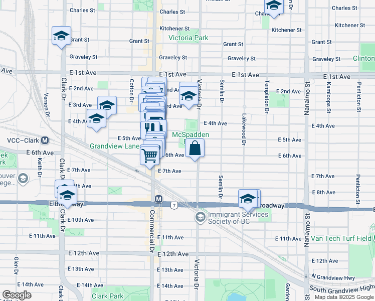 map of restaurants, bars, coffee shops, grocery stores, and more near in Vancouver