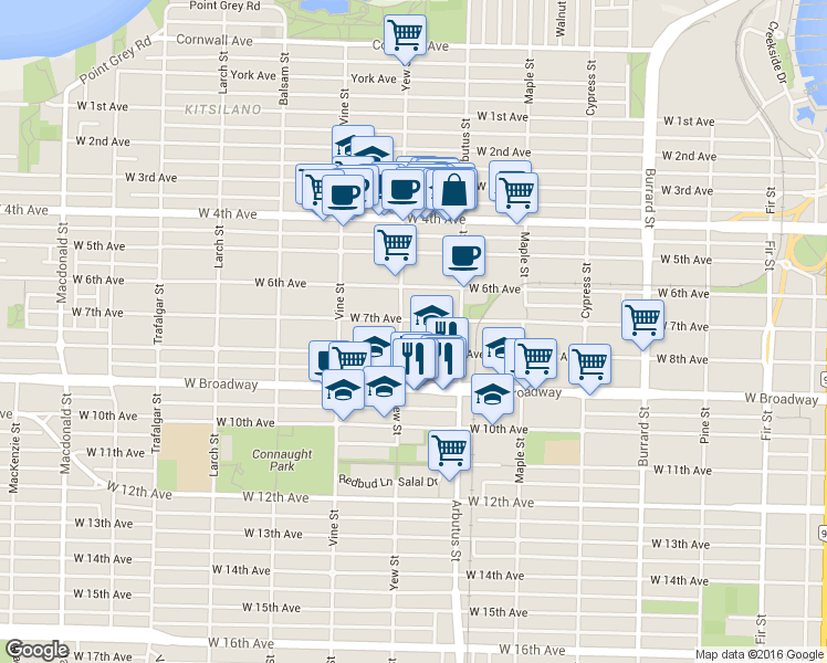 map of restaurants, bars, coffee shops, grocery stores, and more near in Vancouver
