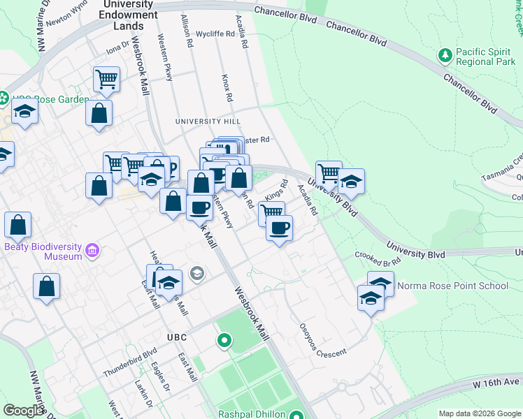 map of restaurants, bars, coffee shops, grocery stores, and more near in Vancouver