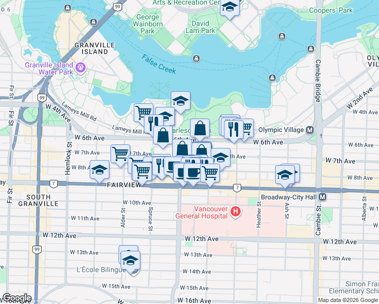 map of restaurants, bars, coffee shops, grocery stores, and more near 973 West 7th Avenue in Vancouver