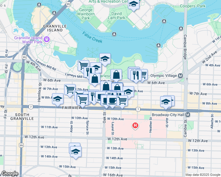 map of restaurants, bars, coffee shops, grocery stores, and more near 973 West 7th Avenue in Vancouver