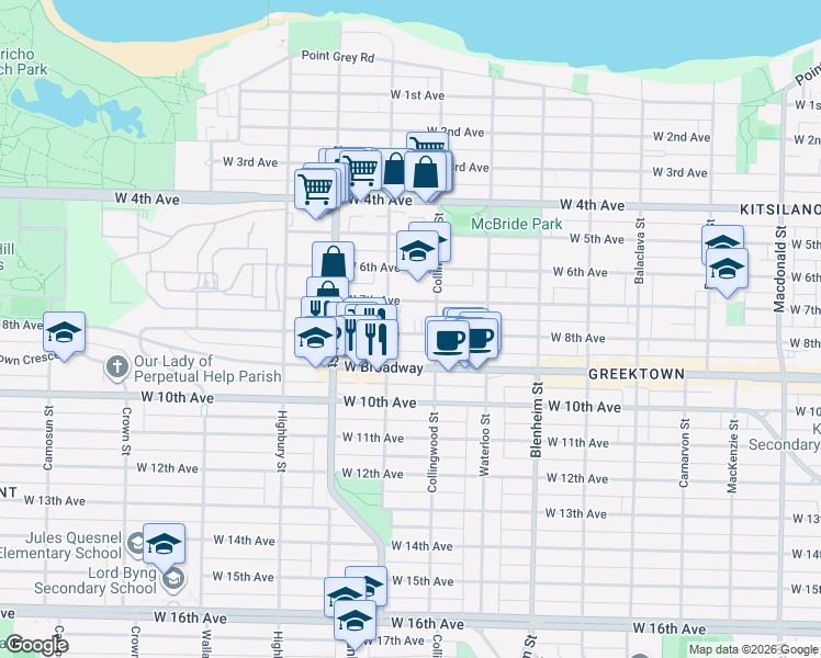 map of restaurants, bars, coffee shops, grocery stores, and more near 3541 West 8th Avenue in Vancouver