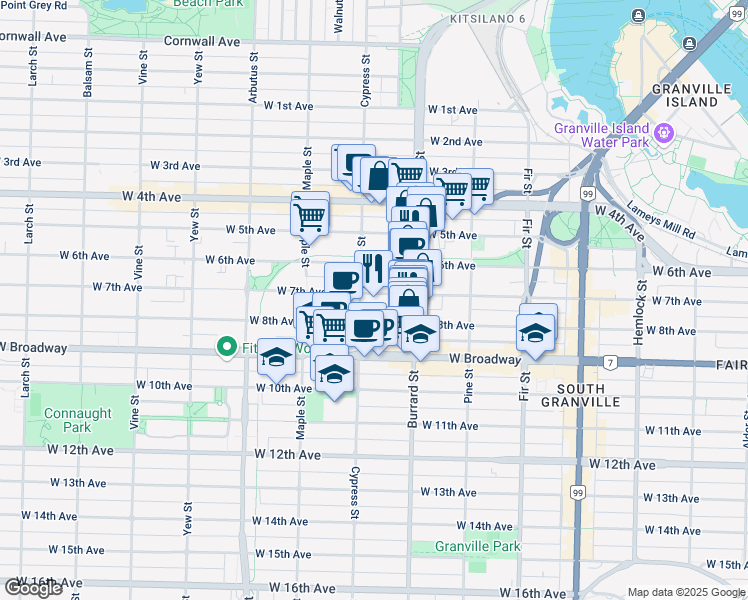 map of restaurants, bars, coffee shops, grocery stores, and more near 1874 West 7th Avenue in Vancouver
