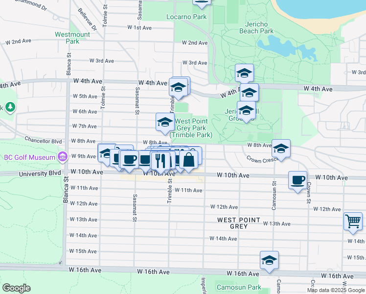 map of restaurants, bars, coffee shops, grocery stores, and more near 4362 West 8th Avenue in Vancouver
