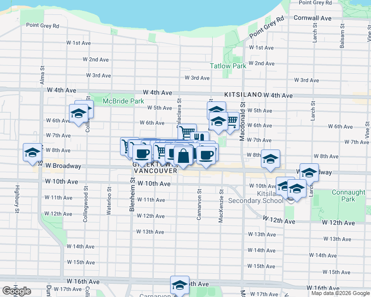 map of restaurants, bars, coffee shops, grocery stores, and more near 3053 West 8th Avenue in Vancouver